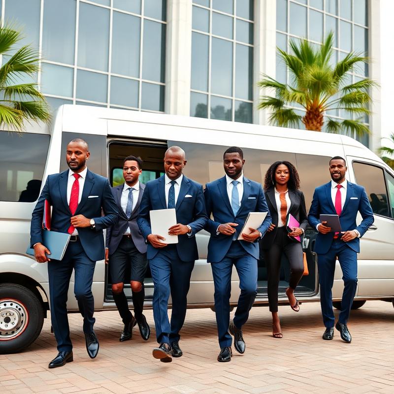 Équipe professionnelle descendant d'un minibus à Dakar