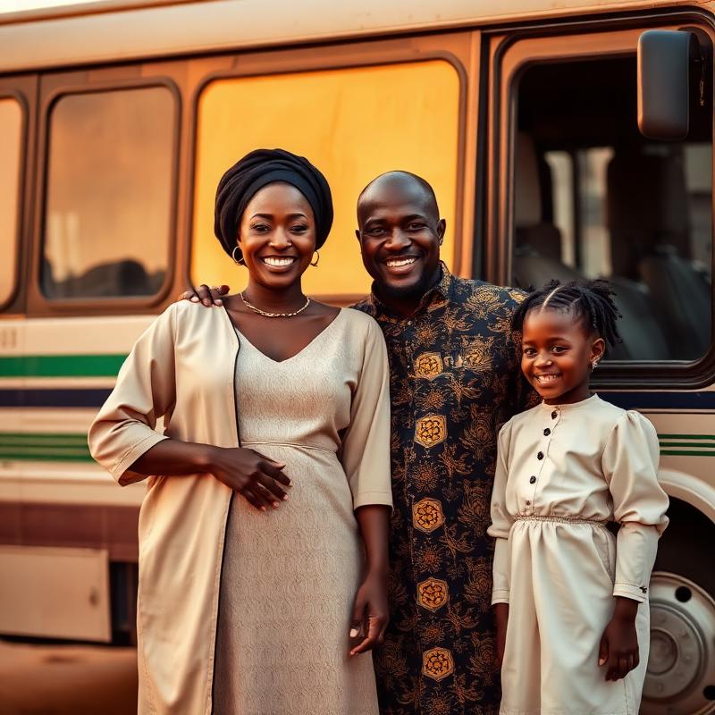 Famille sénégalaise réunie devant un minibus