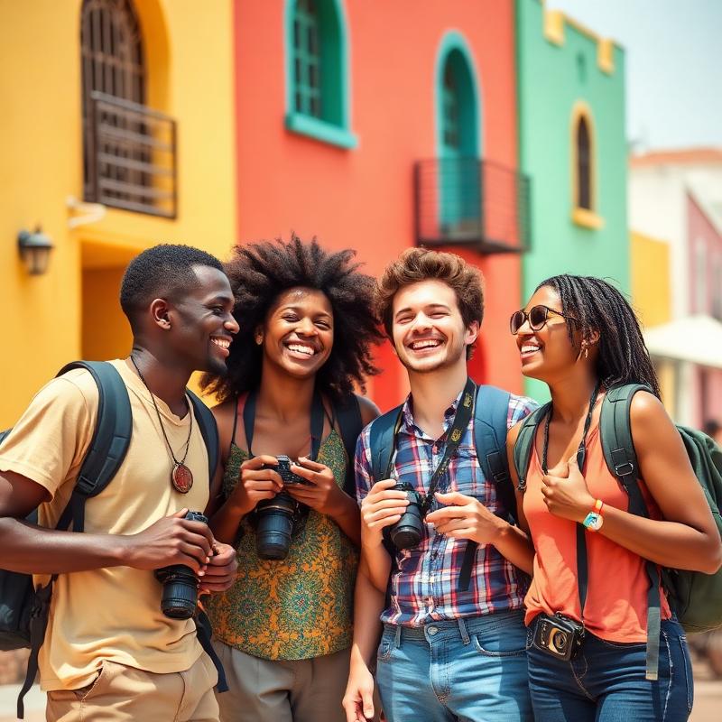 Quatre jeunes voyageurs souriants à Dakar